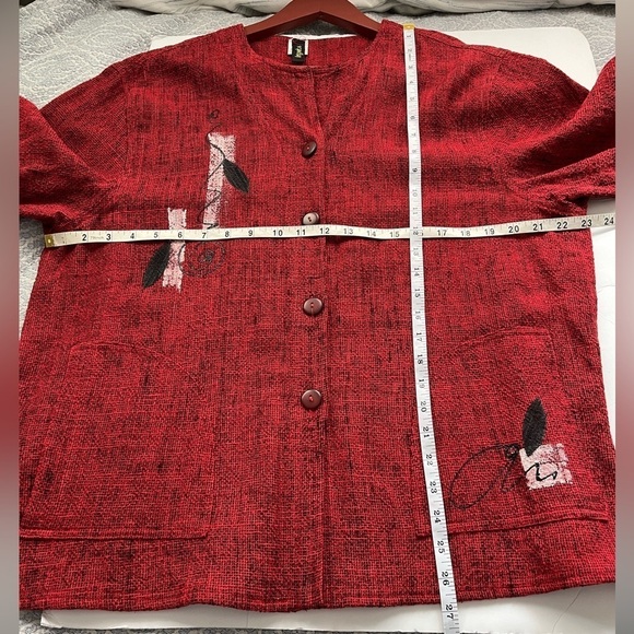 Art to wear Cadigan Button-up Top hand painted on red/black weave women’s M - Picture 7 of 11